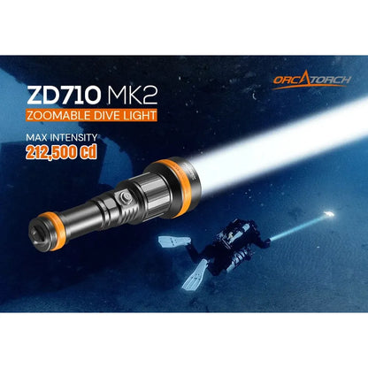 Orcatorch ZD710 MK2 justerbar dykkerlykt og videolys 4° til 72°